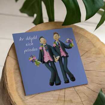 Welsh same sex wedding card for two grooms - gay wedding art card by Erica Sturla - UK made