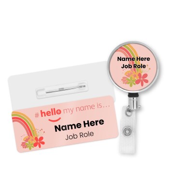 Hello My Name is Badge Pink Floral Rainbow with ID Badge Reel Personalised Durable Name Badge #hello mynameis Badge Nurse Badge, Nurse Badge