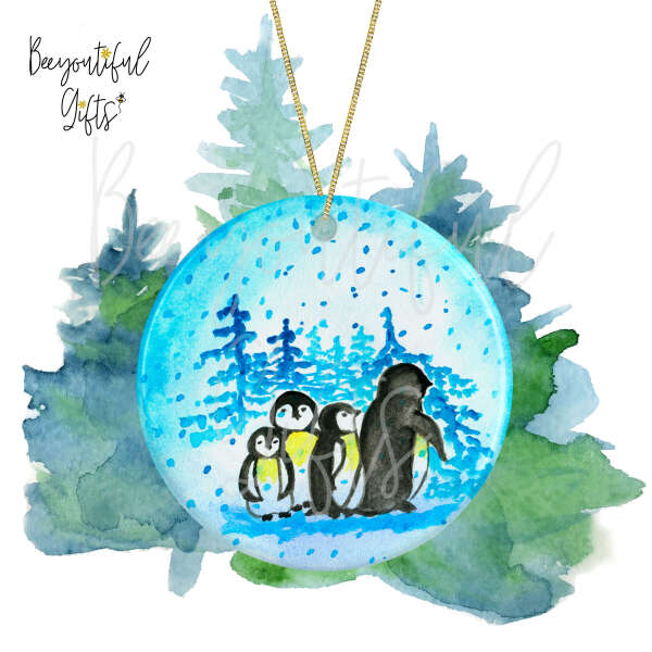 Ceramic Christmas Tree Decoration - Watercolour Penguin Scene