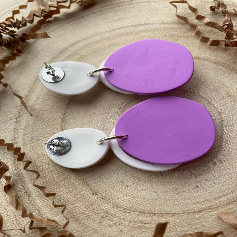 Handmade Lilac Clay Earrings: Silver Leaf Organic Circle Statement Earrings