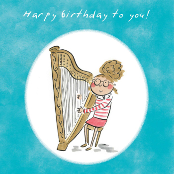 Harpy Birthday Music Themed Birthday Greetings Card by Artist Rosie Brooks. Card is 150mm Square.