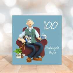 Penblwydd hapus, male Welsh 100th birthday card for him - designed by Erica Sturla - 15cm square and blank inside, made in the UK