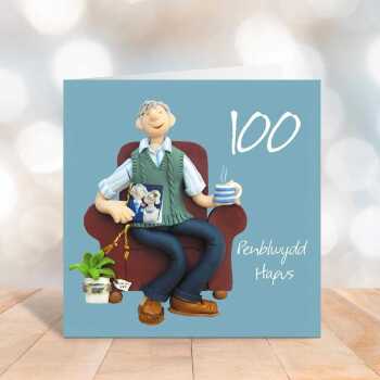 Penblwydd hapus, male Welsh 100th birthday card for him - designed by Erica Sturla - 15cm square and blank inside, made in the UK