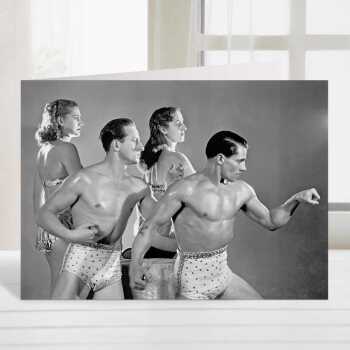 Posing, vintage photographic black and white performing troupe themed card  - 12.6 x 17.7cm and blank inside - made in the UK