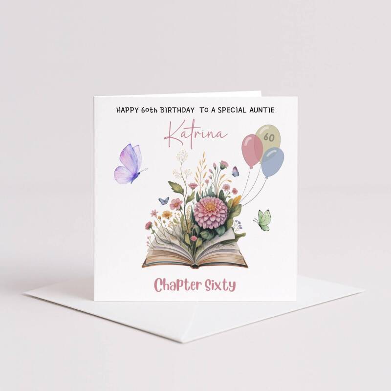 Personalised 60th Birthday Card for Auntie - Floral Book Design with Butterflies & Balloons - Smooth No Message - Custom Add to Notes