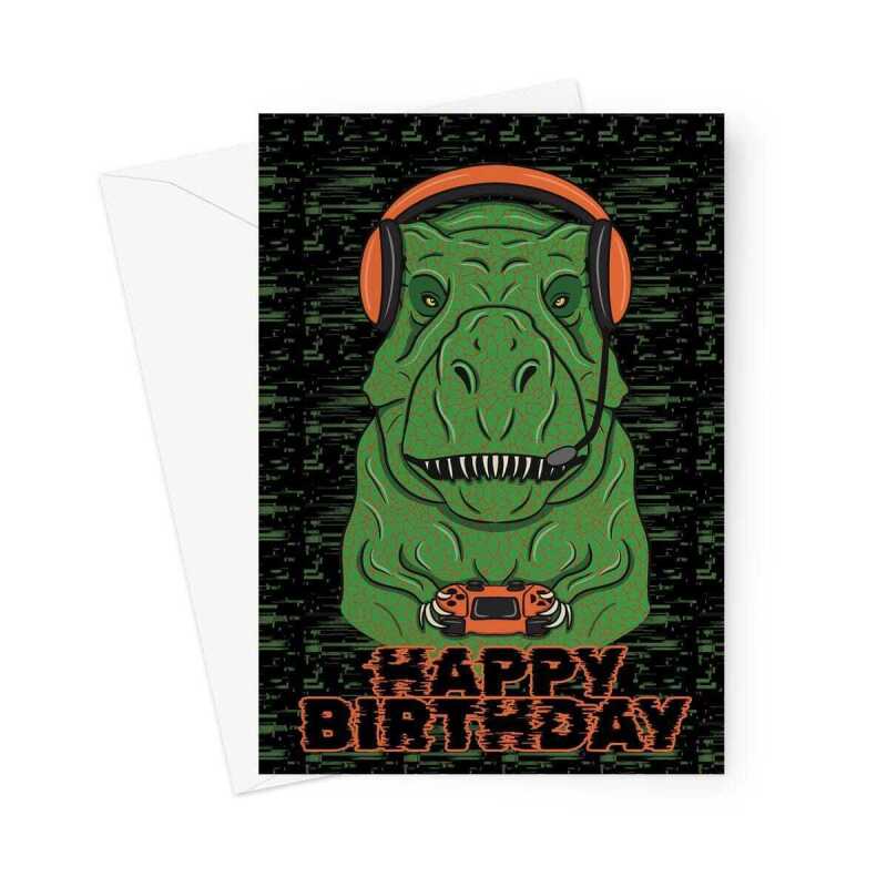 Funny Gamer Birthday Card, T-Rex Dinosaur - A5 Portrait - 1 Card