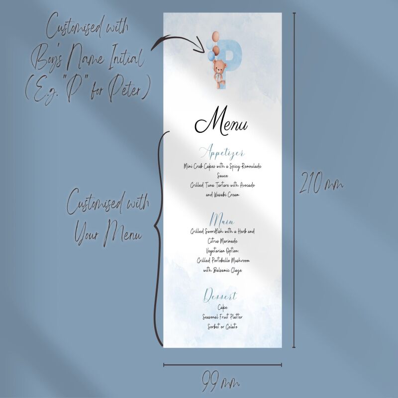 Printed Menu Event for Boy Personalised with Initial and Courses | Teddy Bear | Party, Birthday, Baby Shower, Baptism, Communion - Squared - Sample (not custom)