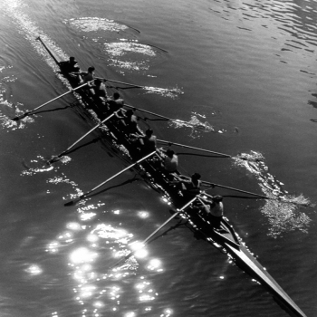 Holy Mackerel rowing eight from above retro black and white photographic card featuring a vintage image of rowers with their blades in unison on the river - 12.6 x 17.7cm and blank inside