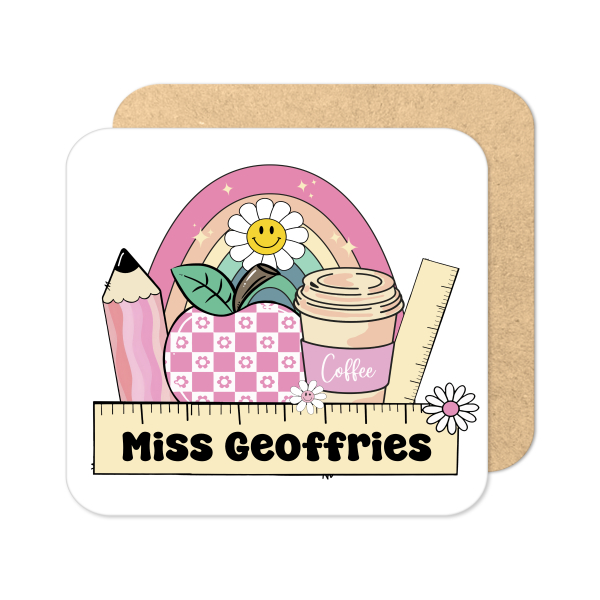 Personalised Teacher Coaster - Cute Pink Teacher Rainbow - Standard Wooden Coaster