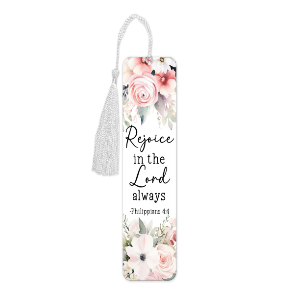 Religious Aluminium Bookmark with Tassel - Rejoice In The Lord - Tall (Approx. 150mm x 45mm) - Double-Sided Print