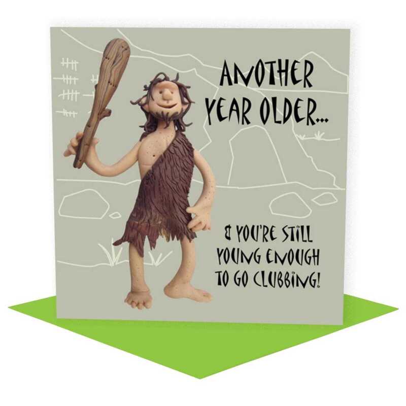 Stone age clubbing birthday card - designed by Erica Sturla - 15cm square and blank inside, made in the UK