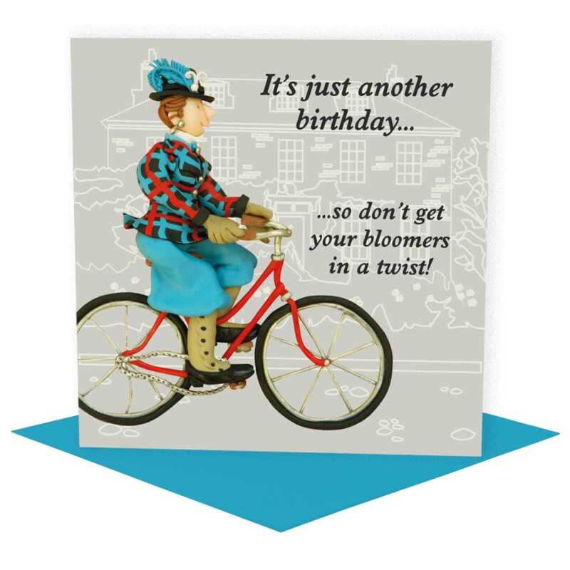 Don't get your bloomers in a twist! cyclist themed birthday card - designed by Erica Sturla - 15cm square and blank inside, made in the UK