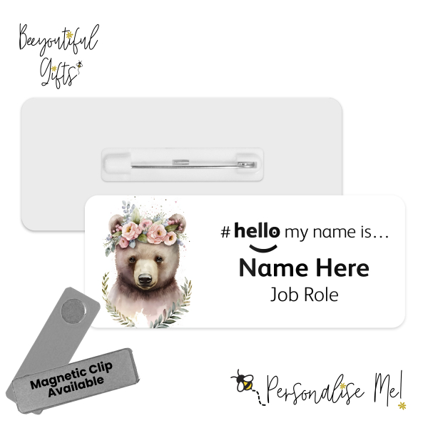 Name Badge - Cute Pink Floral Animals Hello My Name is... - Bear