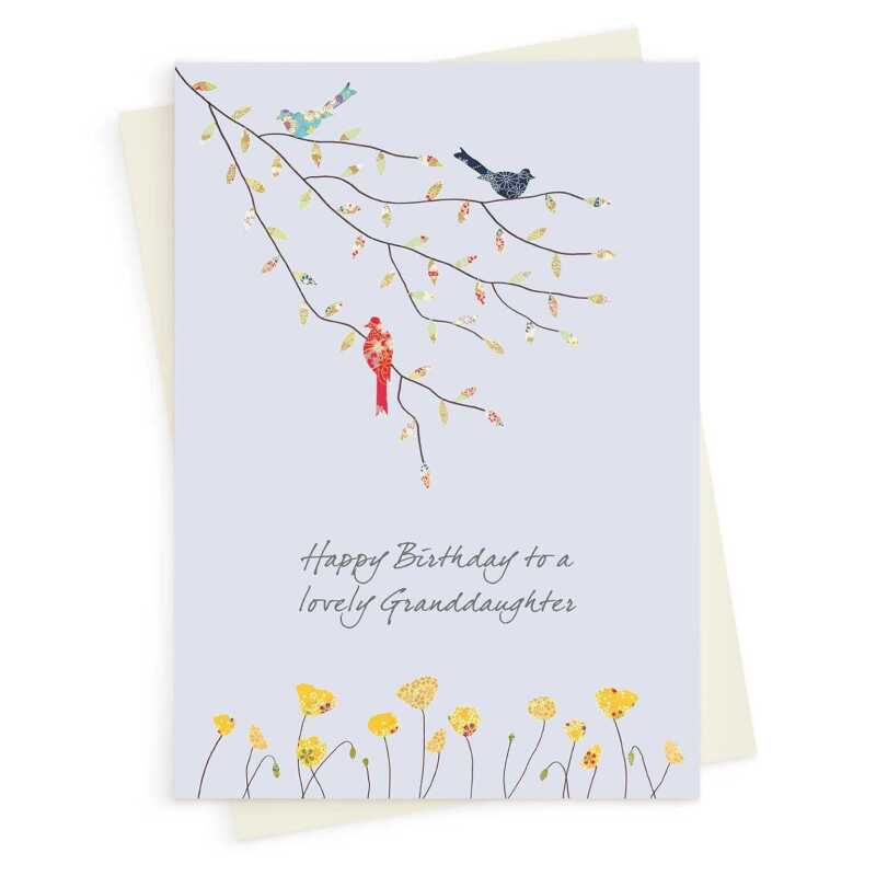 Birds and poppies granddaughter birthday card -  designed by Eloise Hall for Holy Mackerel - 15.7 x 11cm and blank inside, made in the UK