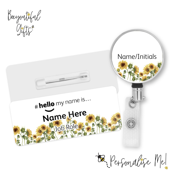 #hello my name is... Name Badge & Metal ID Reel - Sunflower Border