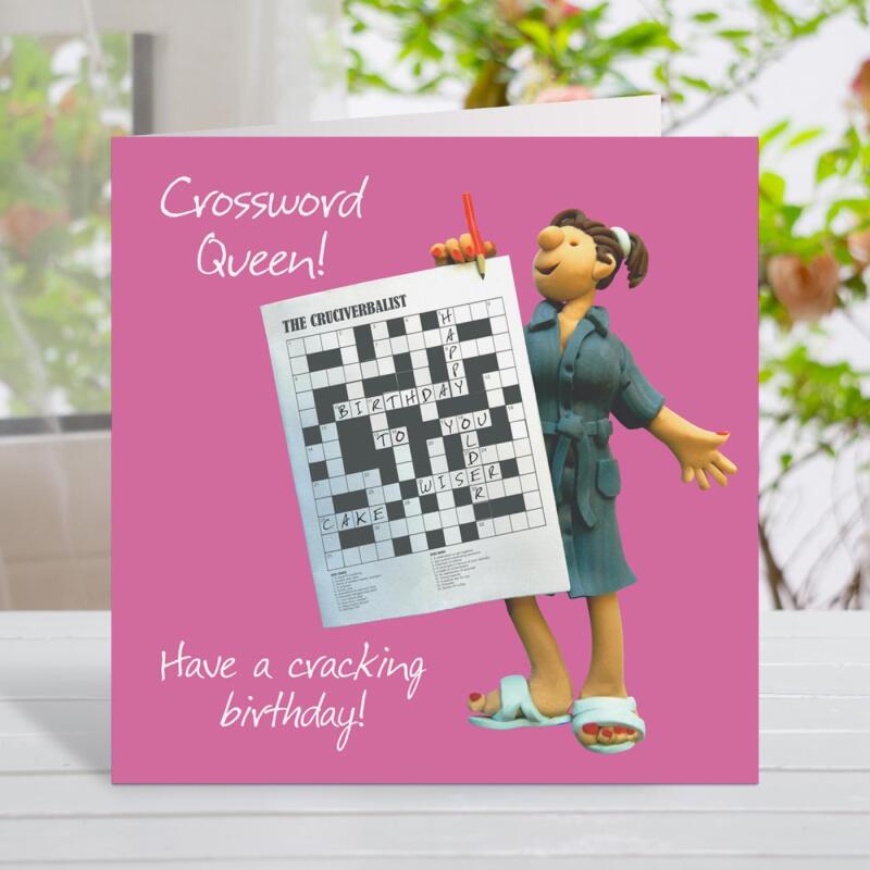Crossword birthday card for her - designed by Erica Sturla & featuring an image of a female puzzler -  15cm square
