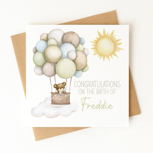 Personalised New Baby Card - Congratulations on the Birth of... - Green Hot Hair Balloon - Standard Smooth Card