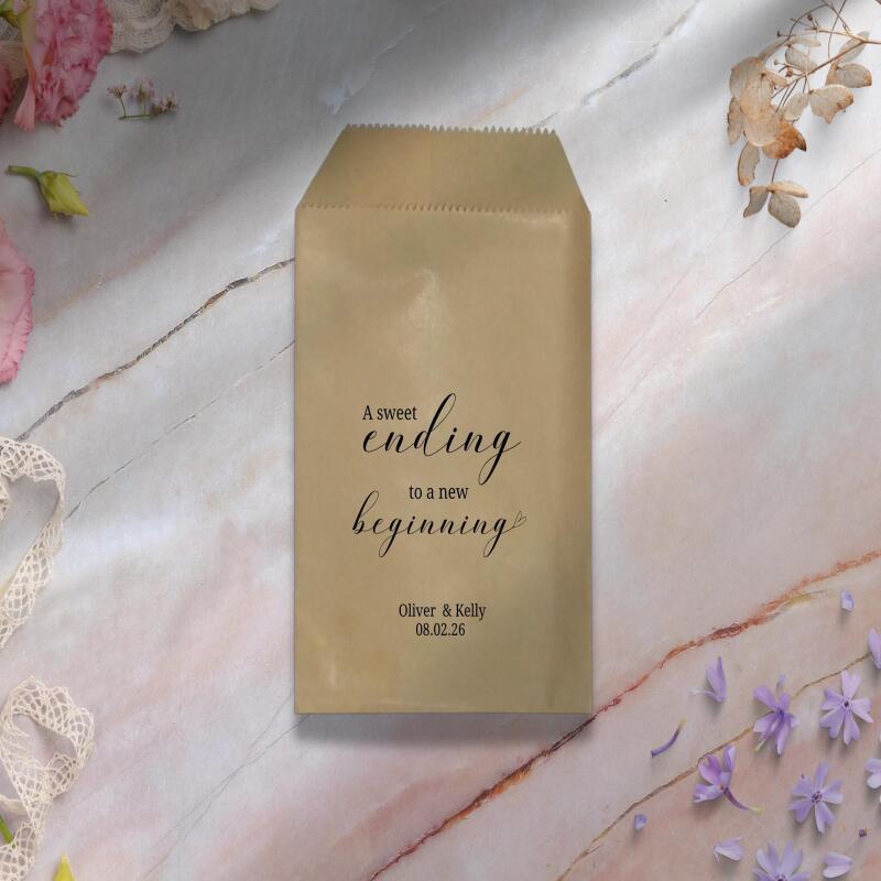 Personalised Wedding Candy Bags | A Sweet Ending to a new Beginning | 15cm × 10cm | White | Wedding, Party - White - Sample (not custom)