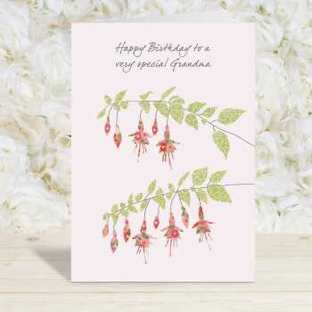 Fuchsias grandma birthday card -  designed by Eloise Hall for Holy Mackerel - 15.7 x 11cm and blank inside, made in the UK