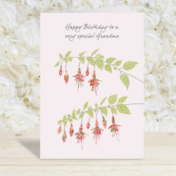Fuchsias grandma birthday card -  designed by Eloise Hall for Holy Mackerel - 15.7 x 11cm and blank inside, made in the UK