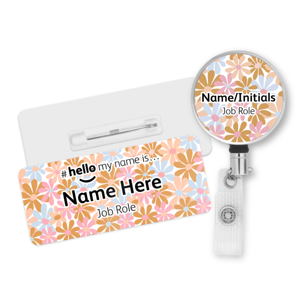 #hello my name is... Name Badge & Metal ID Reel - Bright Pastel Retro Daisies