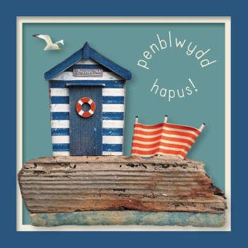 Penblwydd hapus (beach hut) - a 15cm square coastal themed Welsh birthday card by artist Seth Draper, blank inside