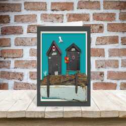 Moonlit catch - quayside beach hut themed blank card - designed by Seth Draper - 15cm square and blank inside, made in the UK