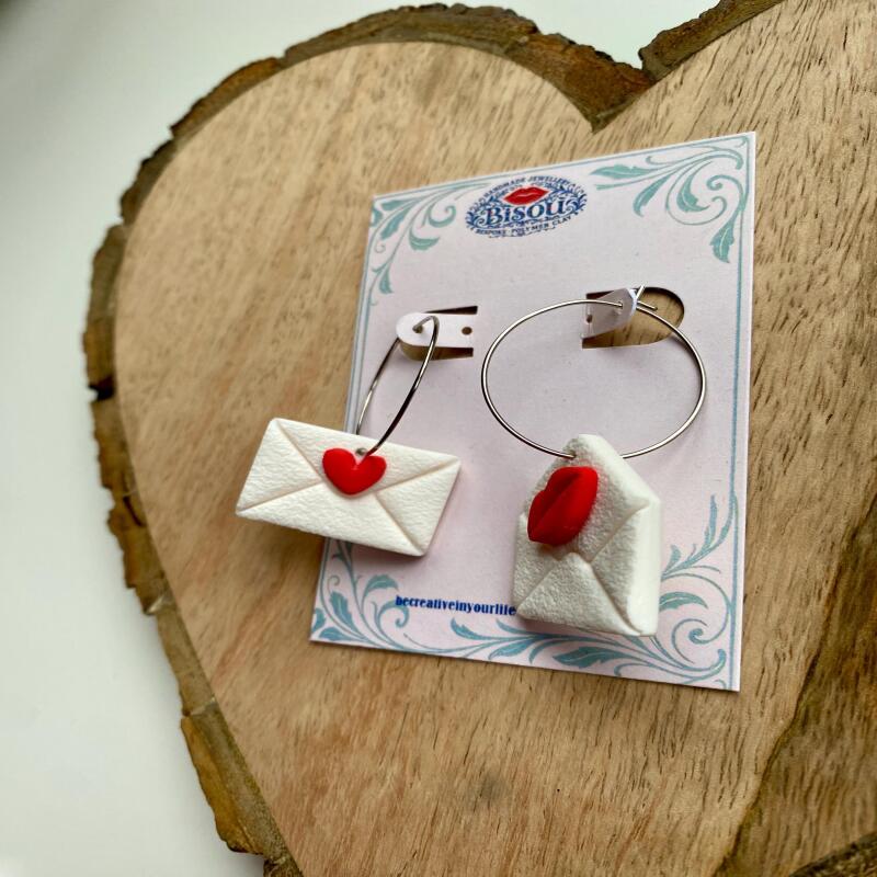 Heart Envelope Dangle Earrings | Handmade Polymer Clay Jewelry - silver