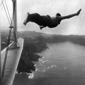 Holy Mackerel high dive retro black and white photographic card featuring a vintage image of a man jumping from a plane - 12.6 x 17.7cm and blank inside