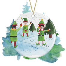 Ceramic Christmas Tree Decoration - Watercolour Elves Having A Snowball Fight