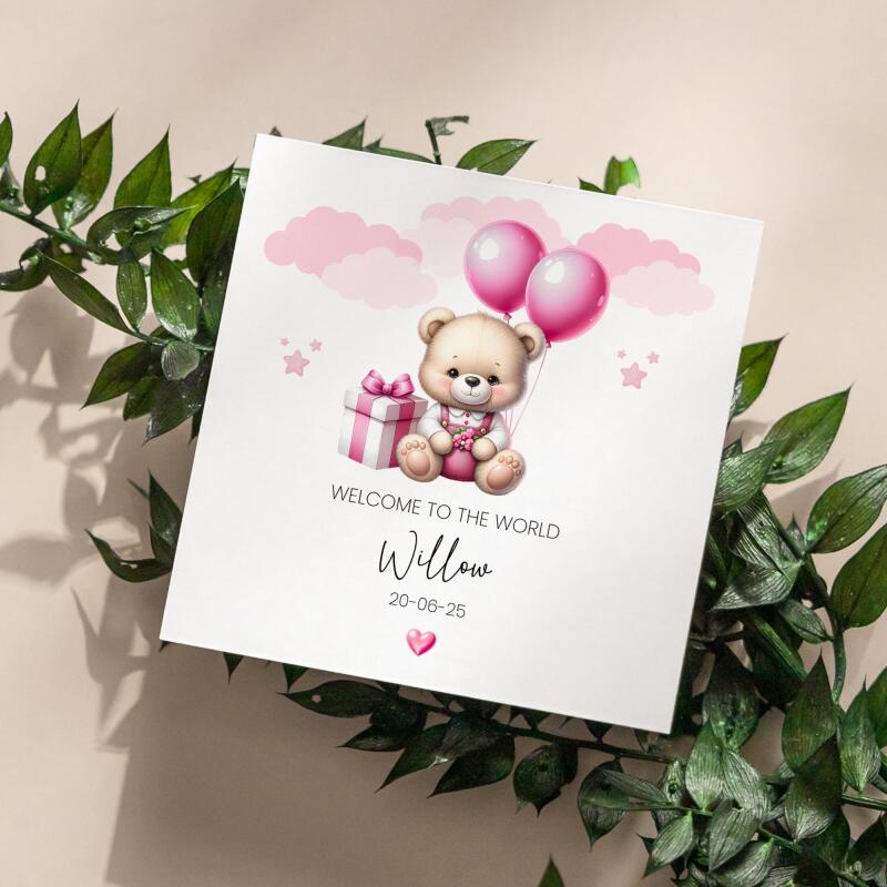 Personalised New Born Baby Girl Card Teddy Bear Birth Announcement &ndash; Pink Balloons Keepsake - Smooth No Message - Kraft Brown
