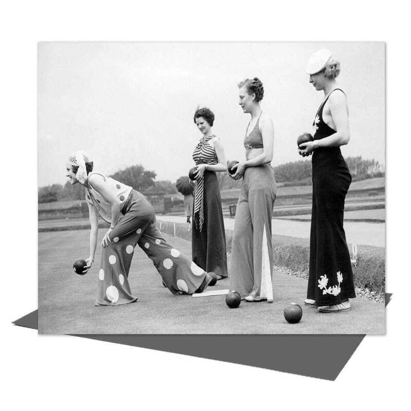 Bowling belles, retro photographic card featuring fashionable ladies bowling - 12.6 x 17.7cm and blank inside - made in the UK