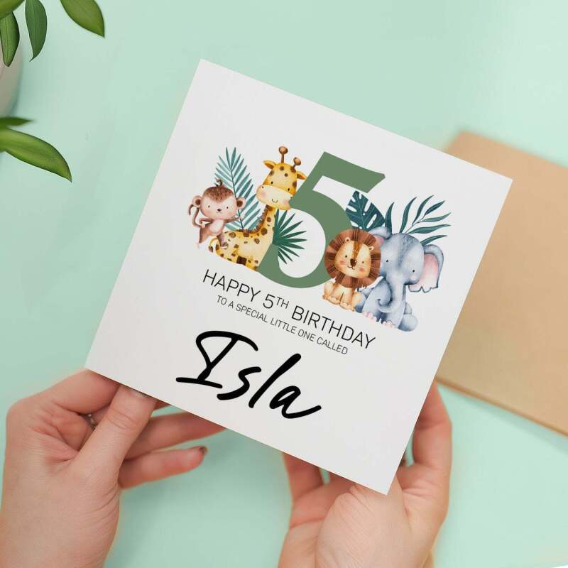Personalised 5th Birthday Children's Card Jungle Themed Fifth Birthday Card For Boy or Girl Five Years Custom Card - Square (5.5x5.5) / Blank Inside