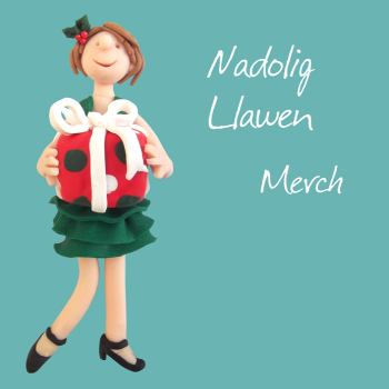 Nadolig Llawen Merch, Welsh Language Christmas Card for a Daughter, Designed by Erica Sturla for Holy Mackerel. Card is 150mm Square and Blank Inside.