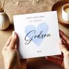 Godsons birthday card personalised blue heart design custom name handmade minimalist greeting - Smooth No Message - Kraft Brown