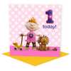 Birthday girl age 1 with lion - child's age birthday - designed by Erica Sturla - 15cm square and blank inside, made in the UK