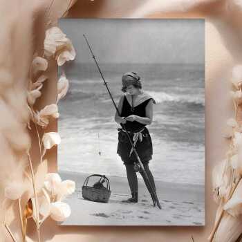 Woman fishing on the beach - vintage black and white themed card - 12.6 x 17.7cm and blank inside - made in the UK