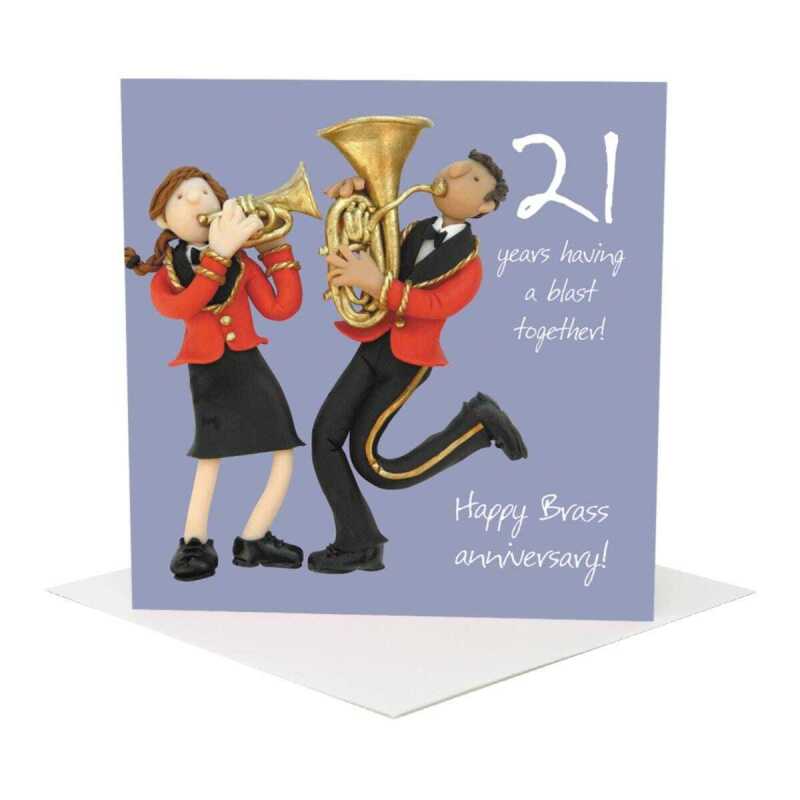 21st anniversary card (brass anniversary card) - designed by Erica Sturla - 15cm square and blank inside, made in the UK