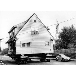 Holy Mackerel house on the move retro black and white photographic card featuring a vintage image of a building being transported - 12.6 x 17.7cm and blank inside