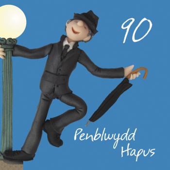 Penblwydd hapus, 90th male Welsh language age birthday card by Erica Sturla. Card is 15cm square and blank inside