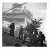 Taking the Blue Star Liner Avila's Christmas tree aboard, a 127 x 175mm Alternative Image winter themed Christmas card featuring a vintage black and white photo, message inside says Happy Christmas