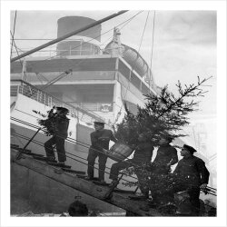 Taking the Blue Star Liner Avila's Christmas tree aboard, a 127 x 175mm Alternative Image winter themed Christmas card featuring a vintage black and white photo, message inside says Happy Christmas