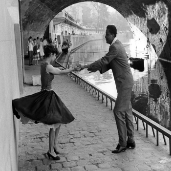 Holy Mackerel dancing by the Seine retro black and white photographic card featuring a vintage image of a couple sharing a dance in Paris - 12.6 x 17.7cm and blank inside