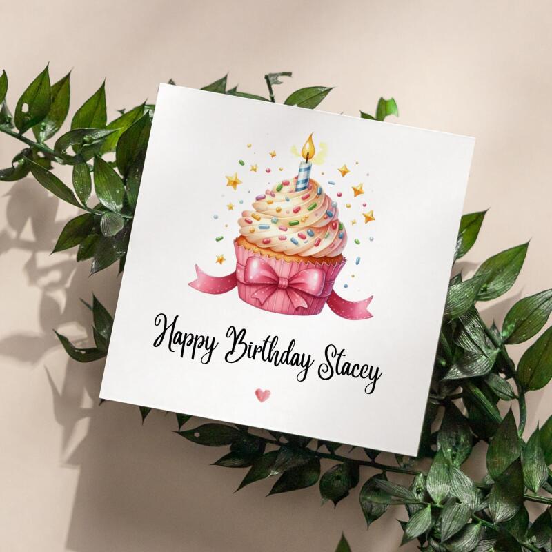 Personalised birthday card pink cupcake candle bow handmade greeting for her or him - Smooth No Message - Kraft Brown