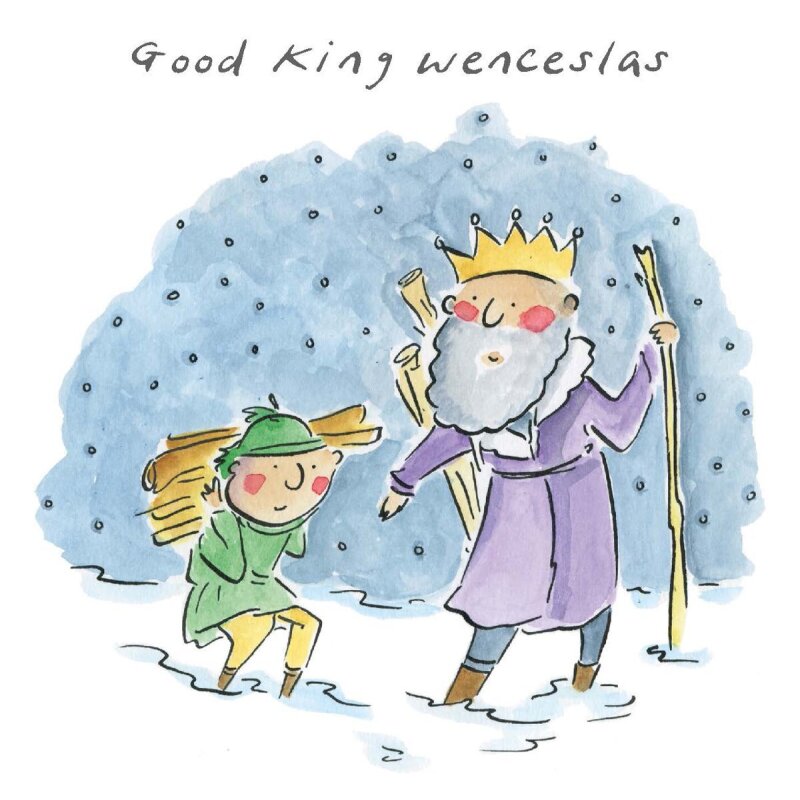 Good King Wenceslas, a 150mm square festive Christmas greetings card featuring Rosie Brooks artwork, message inside reads Merry Christmas