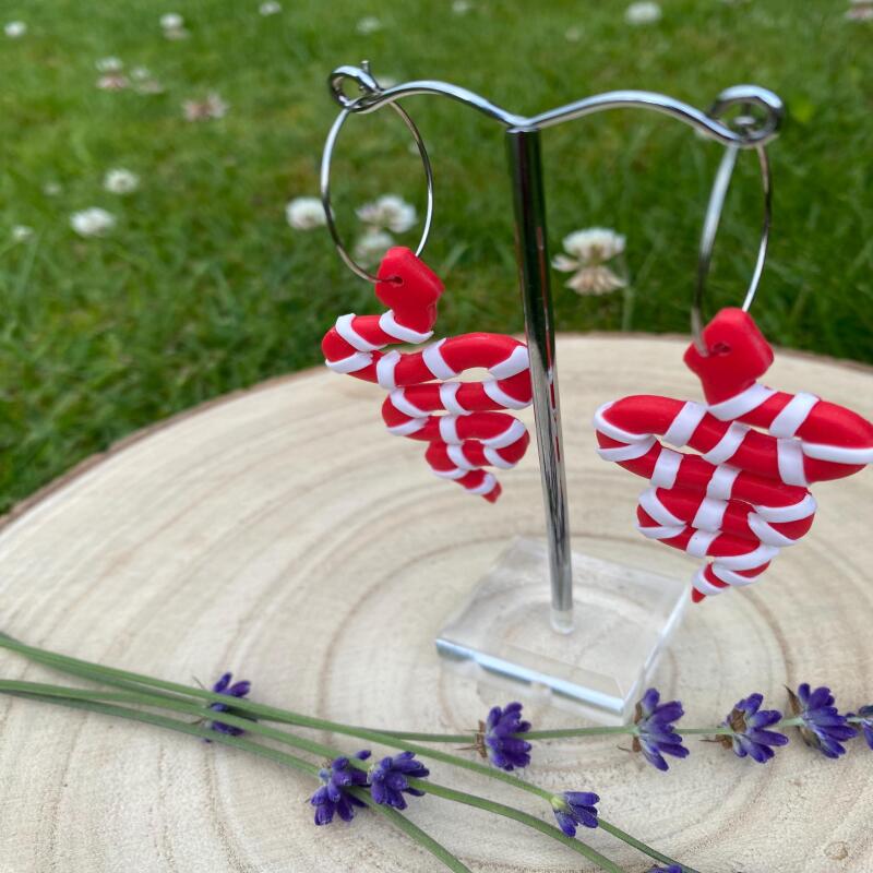 Red & White Striped Kingsnake Earrings: 50s Rockabilly Clay Jewelry - silver