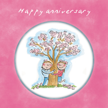Holy Mackerel Anniversary blossom, a 15cm square anniversary card featuring Rosie Brooks artwork, blank inside for your message. Anniversary card for him, her, husband, wife, couple etc