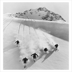 Downhill skiing, a 127 x 175mm Alternative Image skiing themed Christmas card featuring a vintage black and white photo, message inside says Happy Christmas