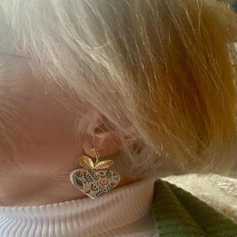 Floral Heart Polymer Clay Earrings &ndash; Botanical Gold Leaf Dangles &ndash; Romantic Statement Jewelry - leaf