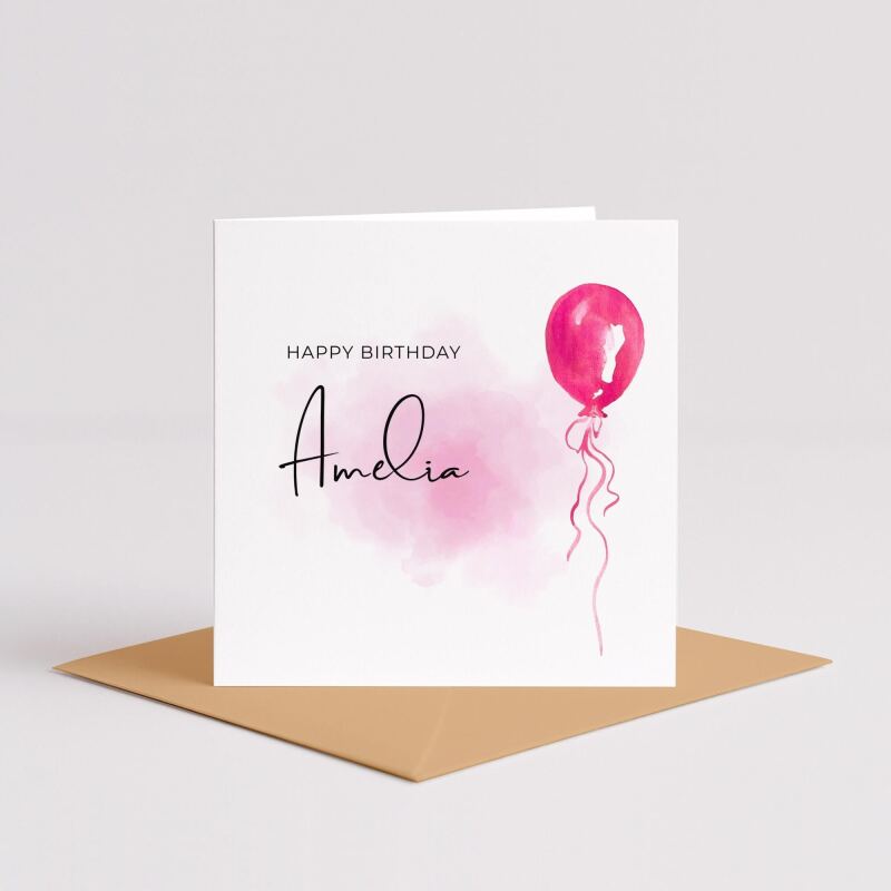Pink balloon card personalised birthday design custom name script soft greeting - Smooth No Message - Kraft Brown